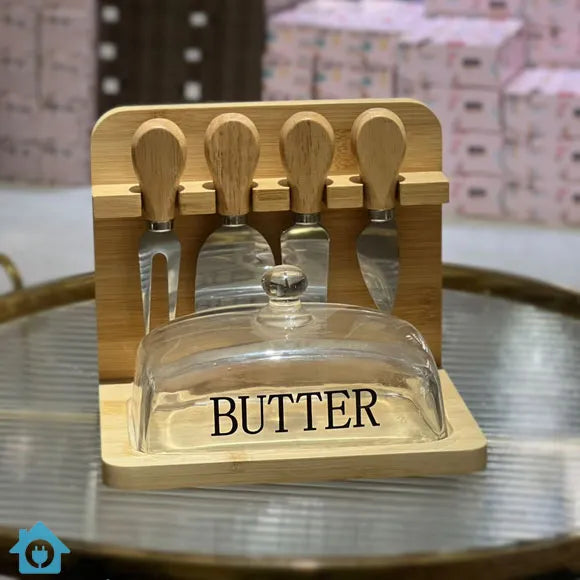 Bamboo Butter Dish with Glass Cover Spreader Set