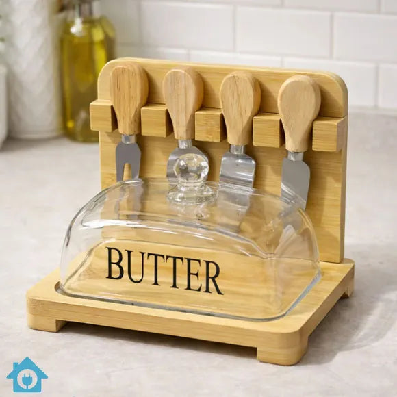 Bamboo Butter Dish with Glass Cover Spreader Set