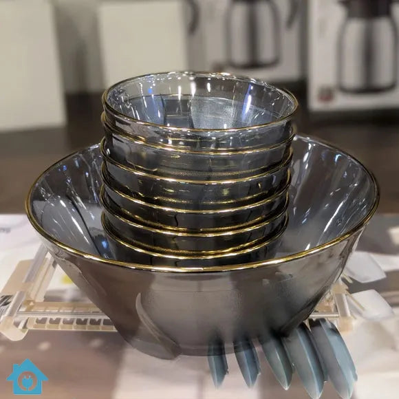 Luxury Dessert Serving Glass Bowl Set with Gold Rim – 7 Piece Elegant Dessert & Dining Set