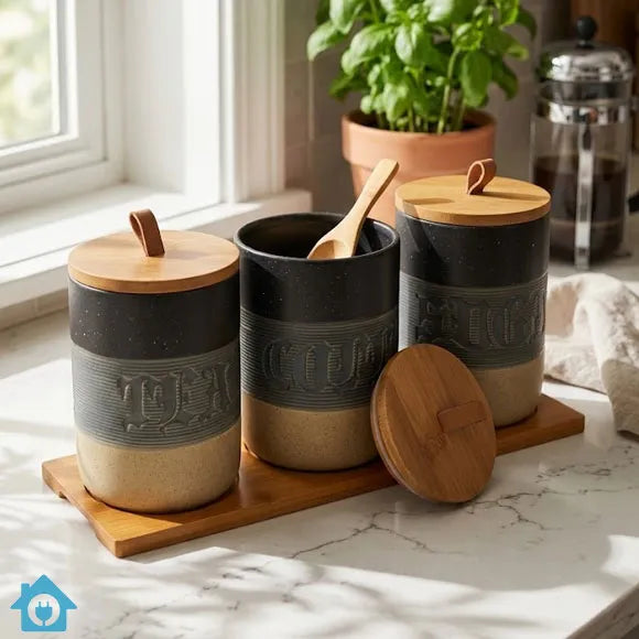 Modern Ceramic Kitchen Canister Set with Wooden Lids
