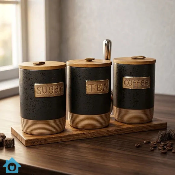 Modern Ceramic Kitchen Canister Set with Wooden Lids
